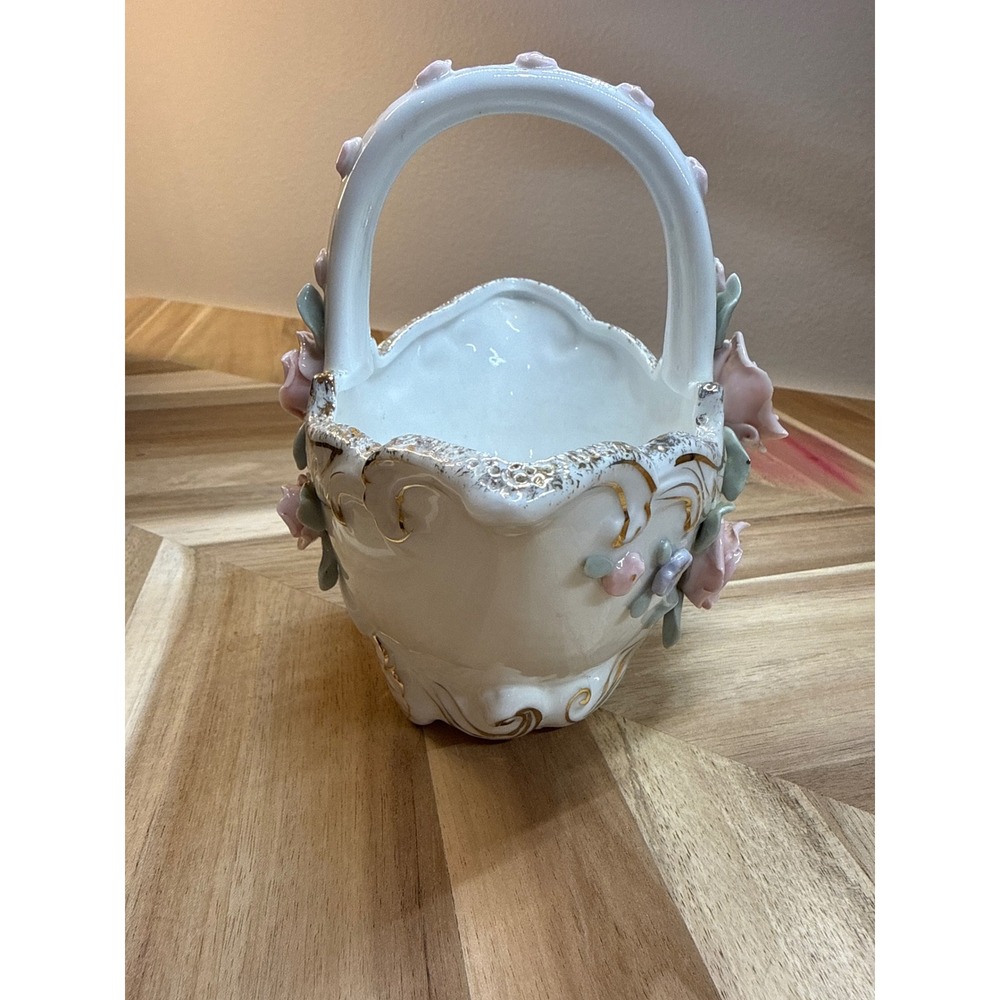 White Ceramic Rose Flower Basket Handle Trinket Dish Vintage Japan - Picture 4 of 7